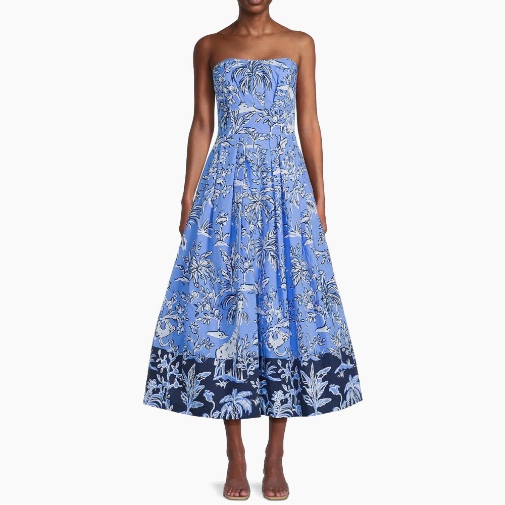 Lilly Pulitzer Kenni Midi Dress Blue Floral Floral Strapless Cotton NWT 16 - Picture 3 of 5
